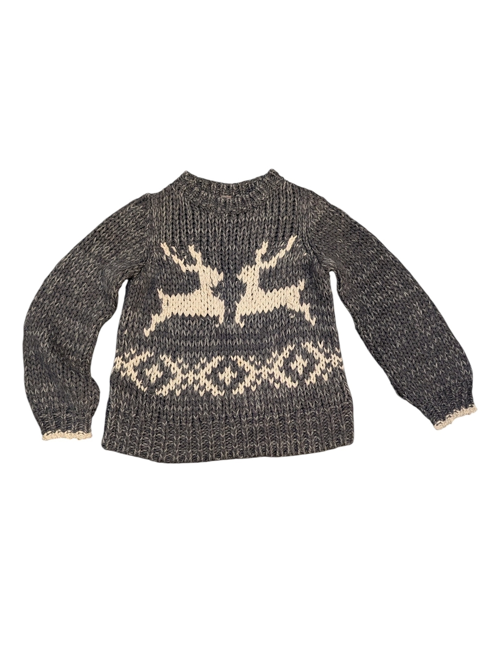 Free People M Reindeer Fair Isle Chunky Knit Wool Blend Sweater Gray Nordic